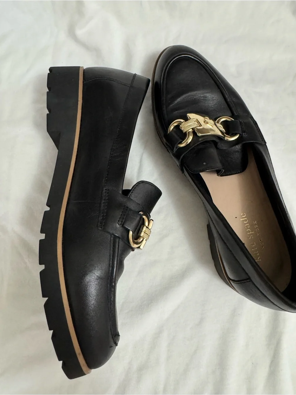 kate spade Black Leather Loafers with Gold Chain Hardware